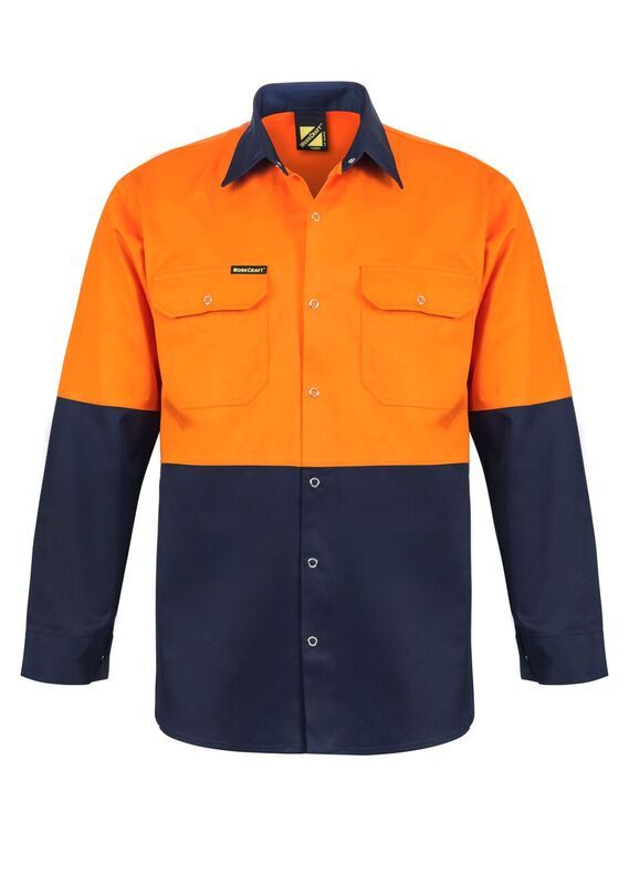 Hi Vis Two Tone Long Sleeve Cotton Drill Shirt with Press Studs