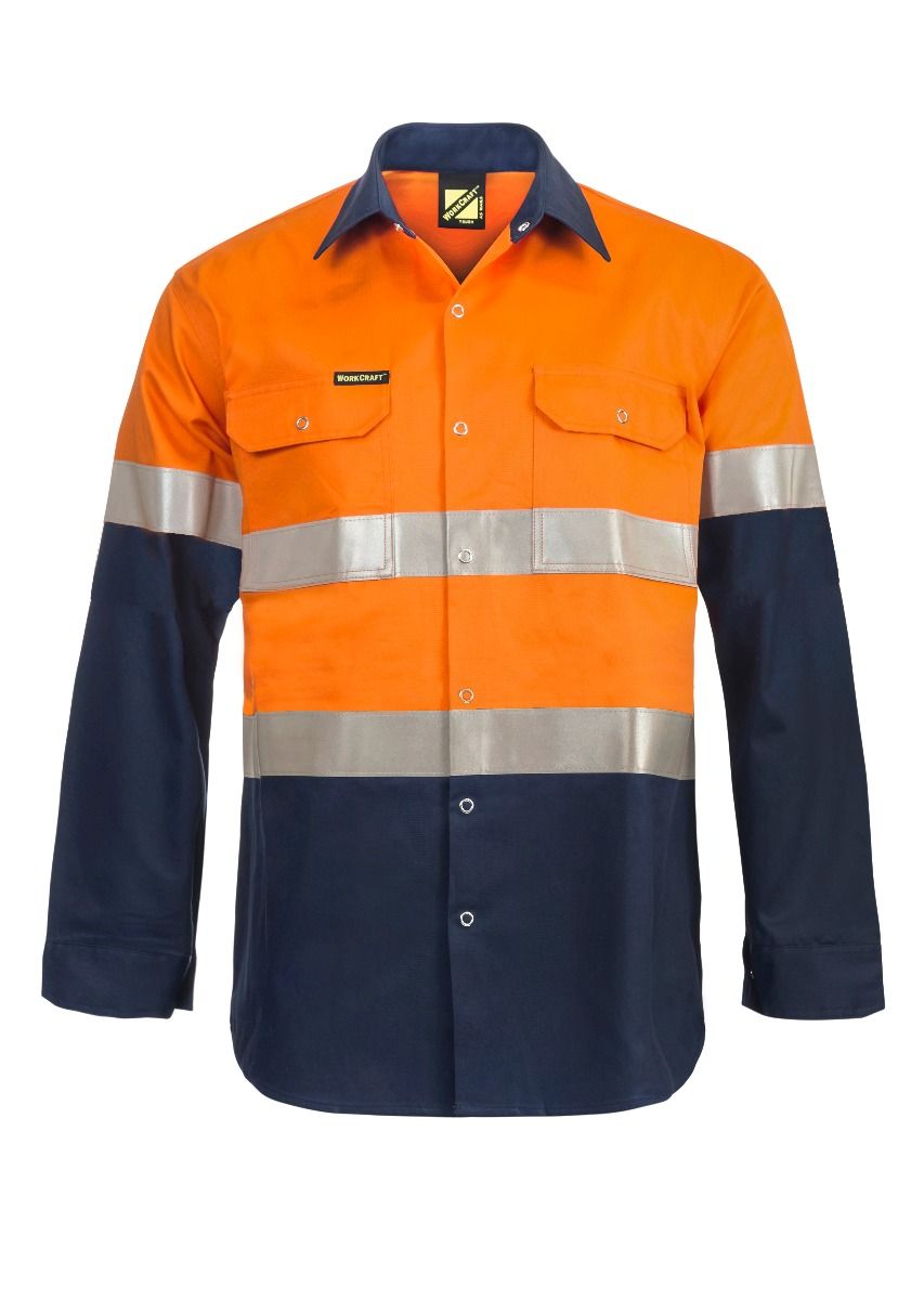 Hi Vis Two Tone Long Sleeve Cotton Drill Shirt with Industrial Laundry Reflective Tape and Press Studs