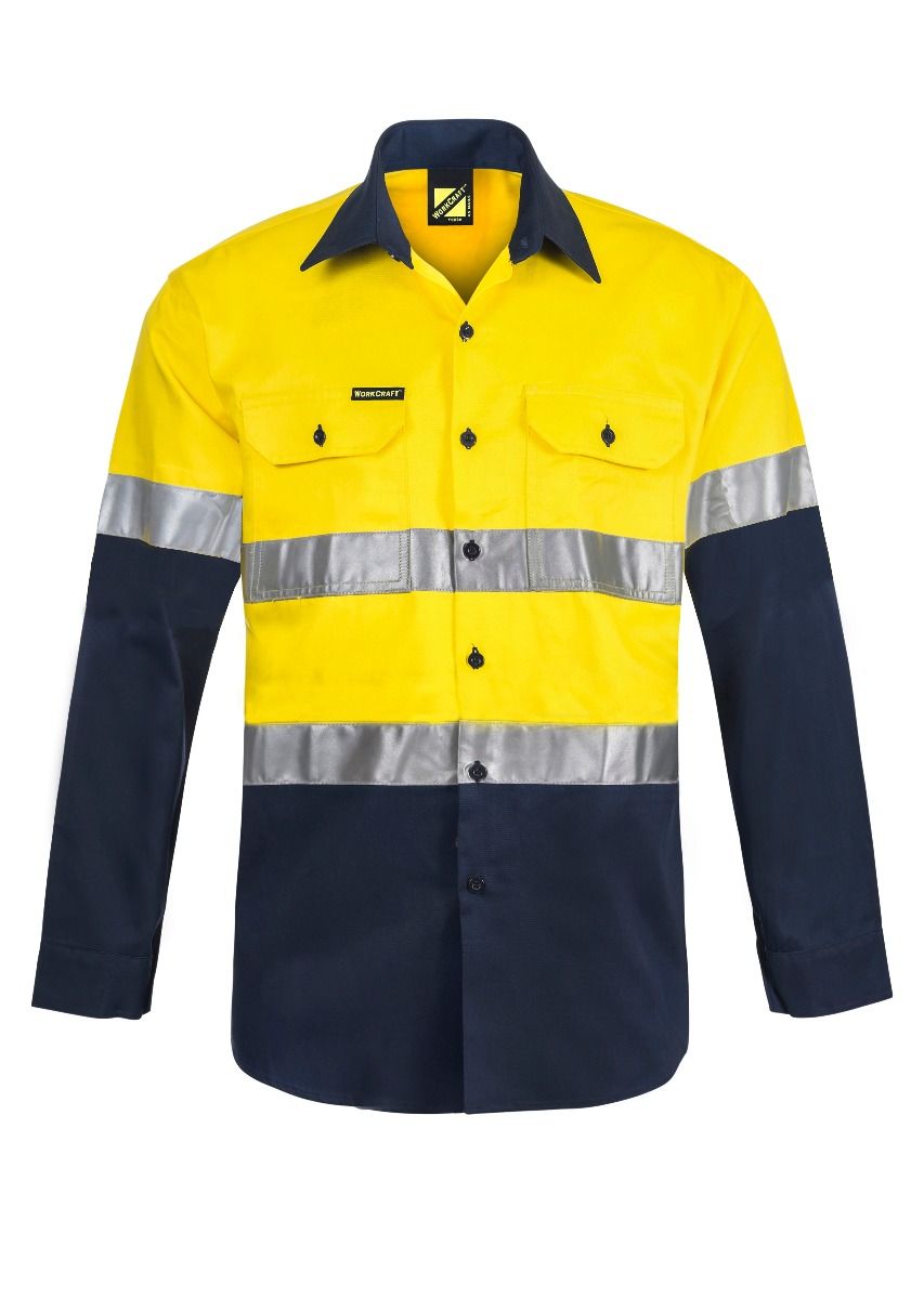 Hi Vis Two Tone Long Sleeve Cotton Drill Shirt with Industrial Laundry Reflective Tape