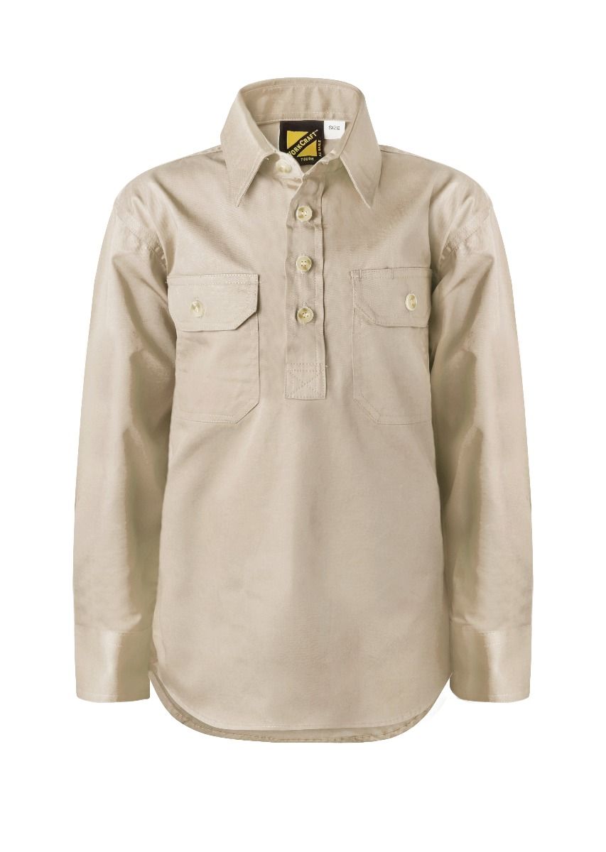Kids Lightweight Long Sleeve Half Placket Cotton Drill Shirt with Contrast Buttons