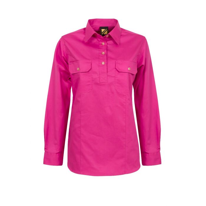 Ladies Lightweight Long Sleeve Half Placket Cotton Drill Short with Contrast Buttons