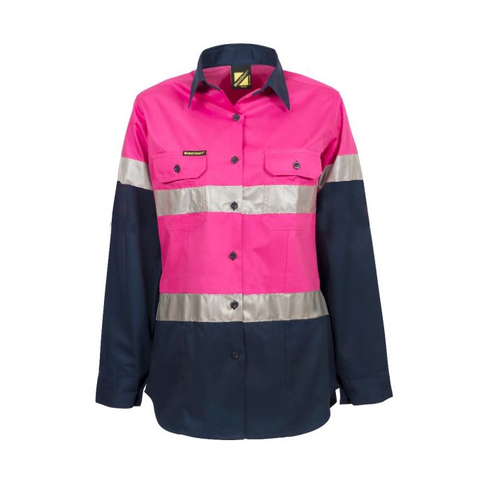Ladies Lightweight Hi Vis Two Tone Long Sleeve Vented Cotton Drill Shirt with CSR Reflective Tape - Night Use Only