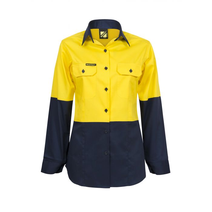 Ladies Lightweight Hi Vis Two Tone Long Sleeve Vented Cotton Drill Shirt