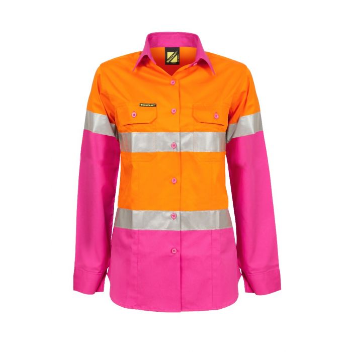 Ladies Lightweight Hi Vis Two Tone Long Sleeve Vented Cotton Drill Shirt with CSR Reflective Tape
