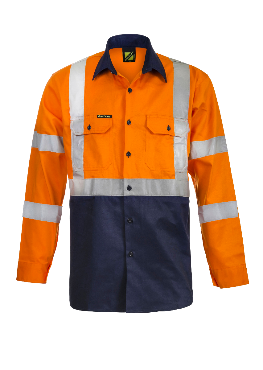 Hi Vis Two Tone Front Long Sleeve Cotton Drill Shirt with X Pattern CSR Reflective Tape